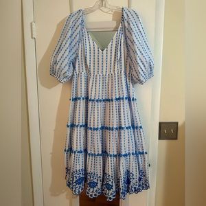 Lilly Pulitzer blue and white tiered dress with Pom Pom and eyelet detail